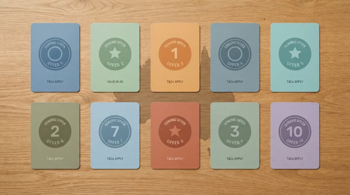 A side-by-side lineup of ten casino-brand cards arranged across a desktop, each showing a no-deposit-offer badge, with the Australian continent silhouette visible as a watermark