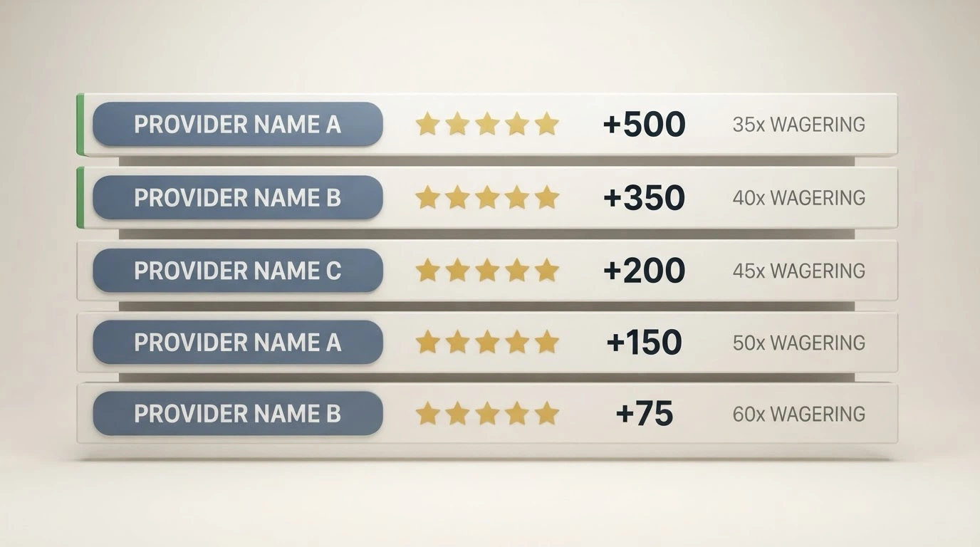 A ranked table of casino names with star ratings, bonus amounts and wagering multiples displayed in a clean comparison format