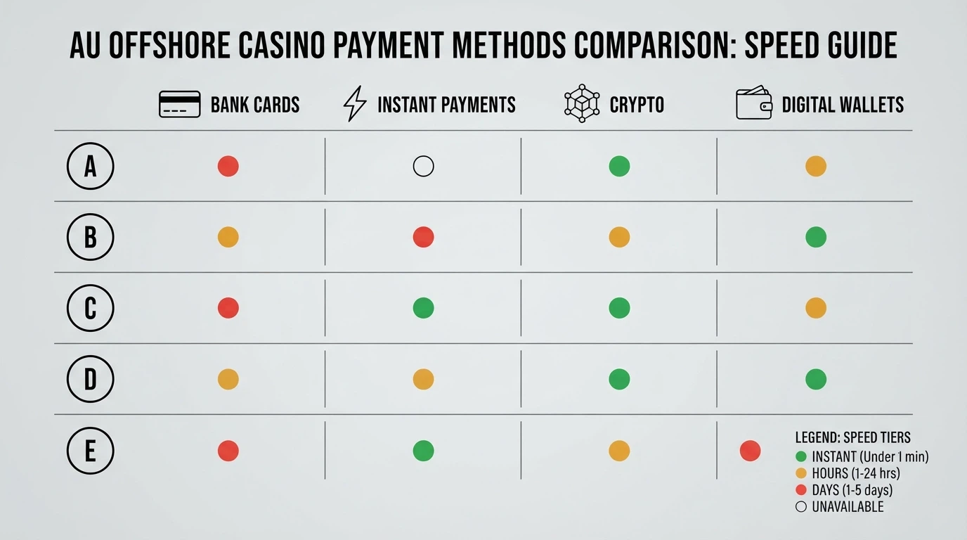A comparison grid showing casino logos matched against payment-method icons — PayID, Visa, Bitcoin, Skrill and bank transfer — arranged by speed tier