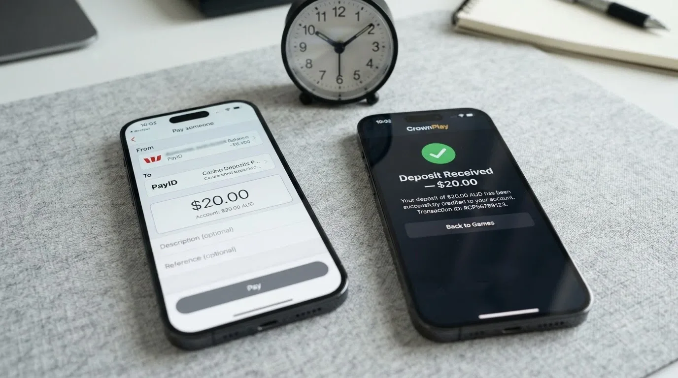 An Australian online banking app open to the PayID transfer screen on one phone, and a casino cashier confirmation showing “Deposit Received — $20.00” on a second phone beside it, with a clock reading 10:02 on both screens