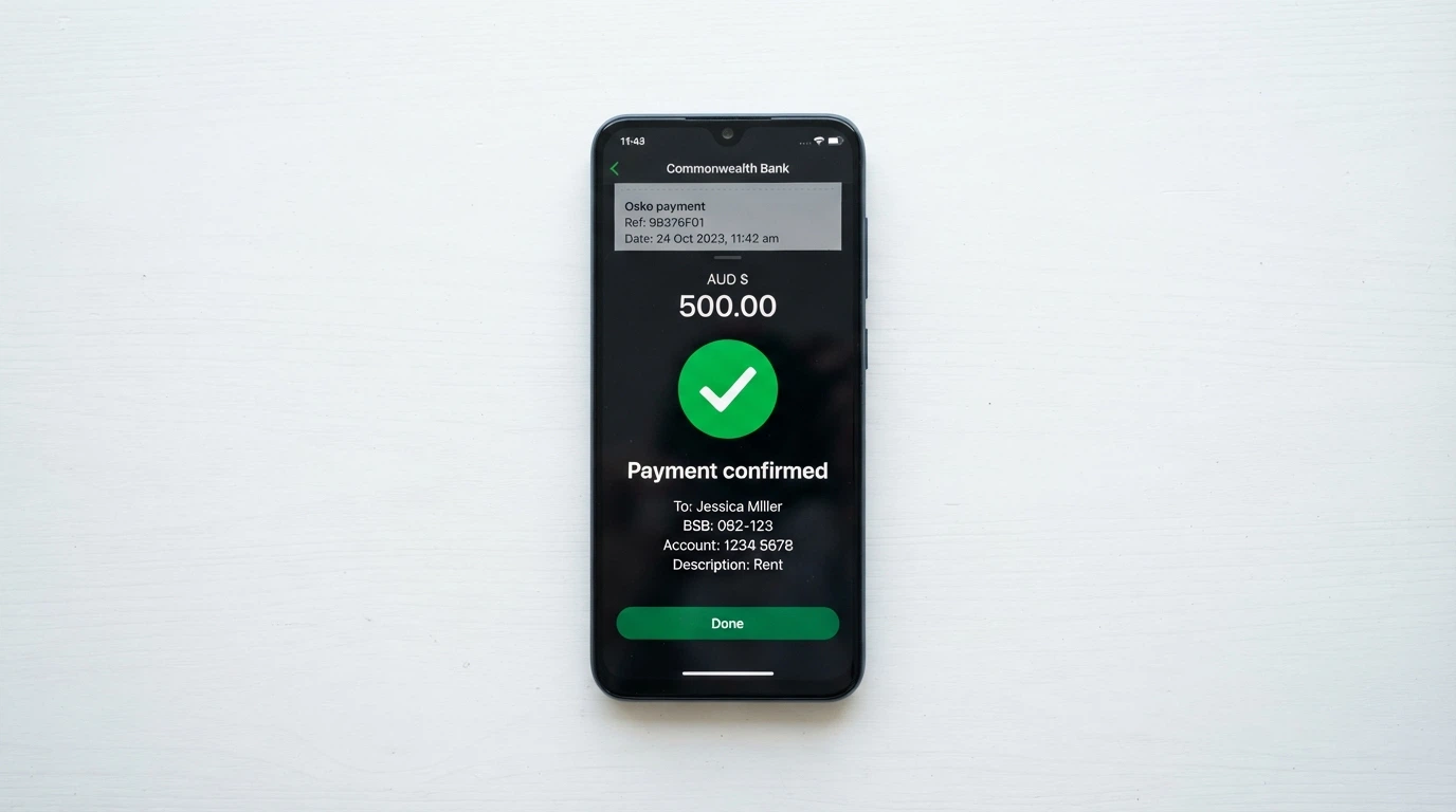 A phone screen showing a banking app with the PayID transfer confirmation screen, an Osko payment receipt overlay, and a casino balance screen in the background