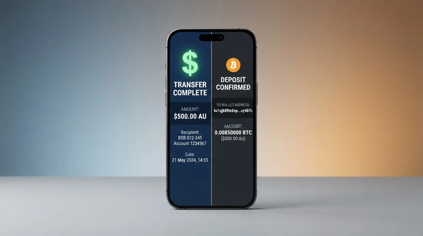 A split-screen smartphone display: one side showing a PayID/Osko transfer confirmation in Australian dollars, the other showing a Bitcoin wallet address with a casino deposit amount