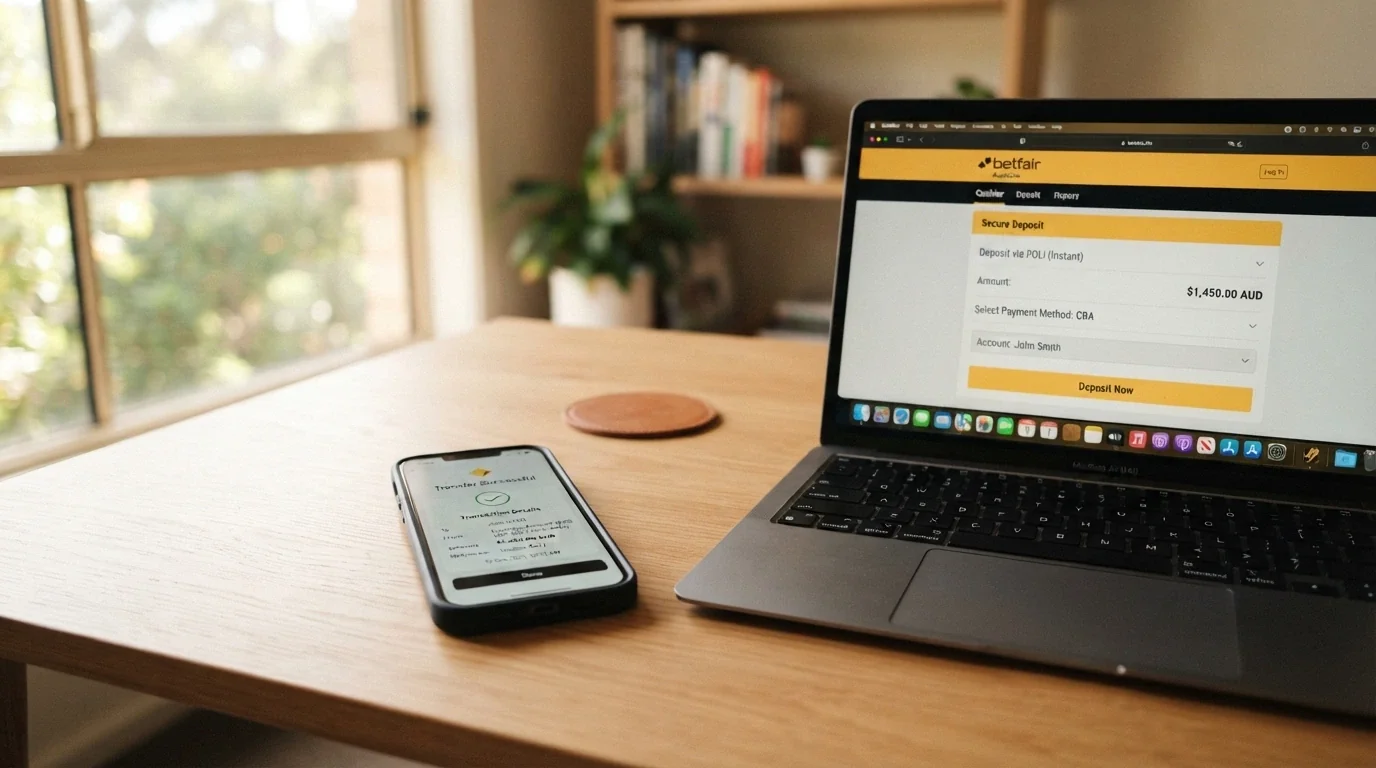 A smartphone screen showing a banking app with a PayID transfer confirmation, beside a laptop open to a casino cashier page