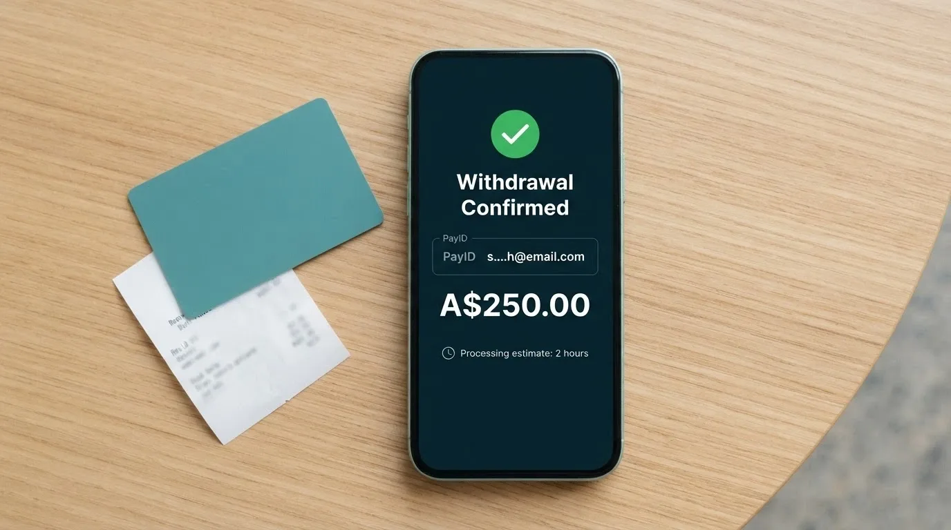 A smartphone screen displaying a withdrawal confirmation page with a PayID field, an AUD amount and a processing-time estimate