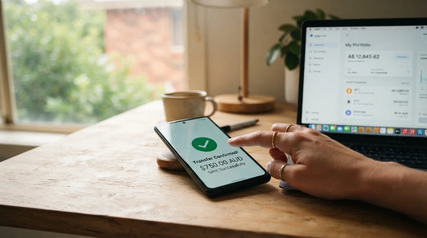 A smartphone showing a PayID transfer confirmation beside a laptop displaying a crypto wallet balance