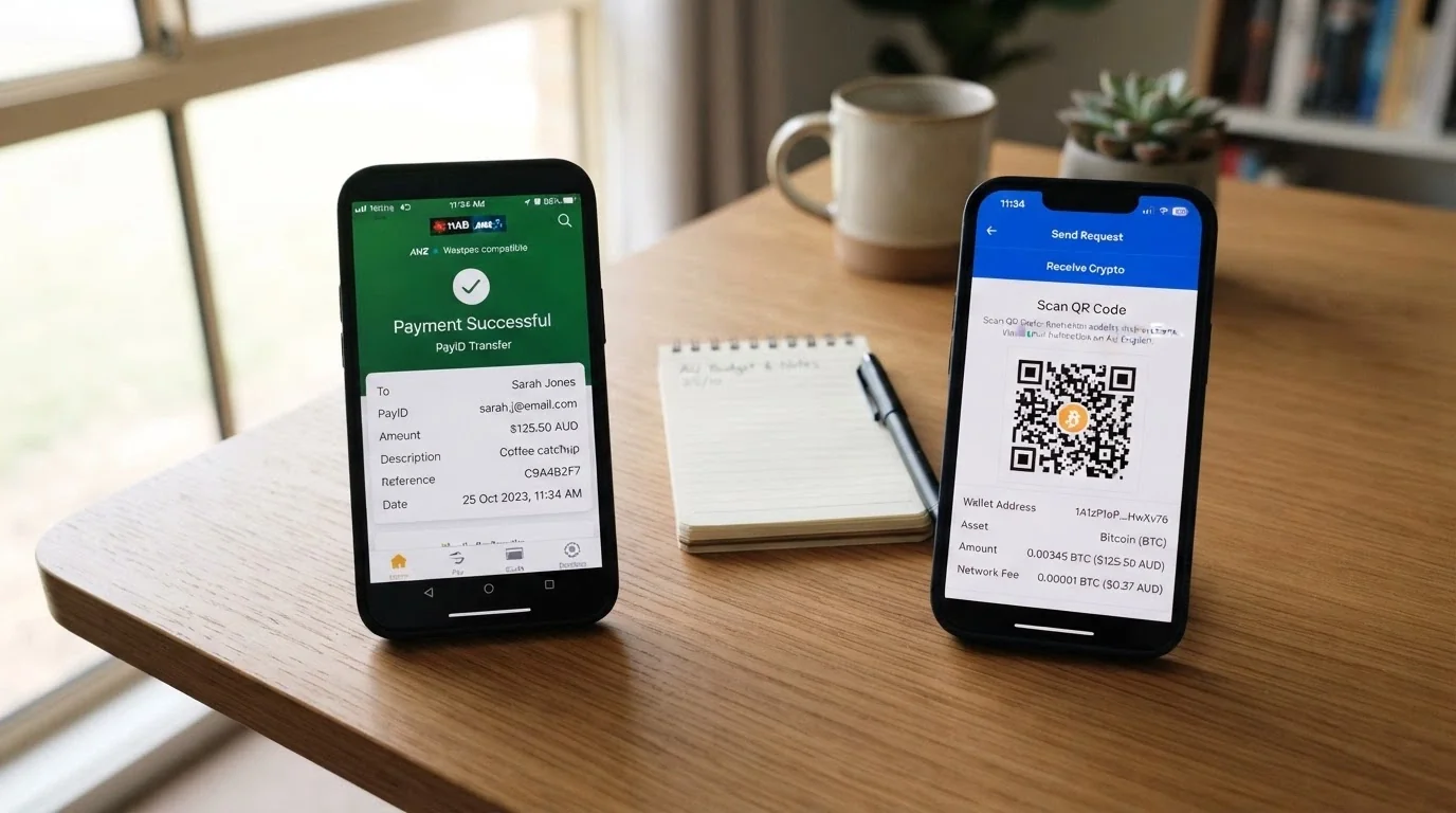 A split screen showing a PayID transfer on a banking app beside a crypto wallet QR code scan on a casino cashier page