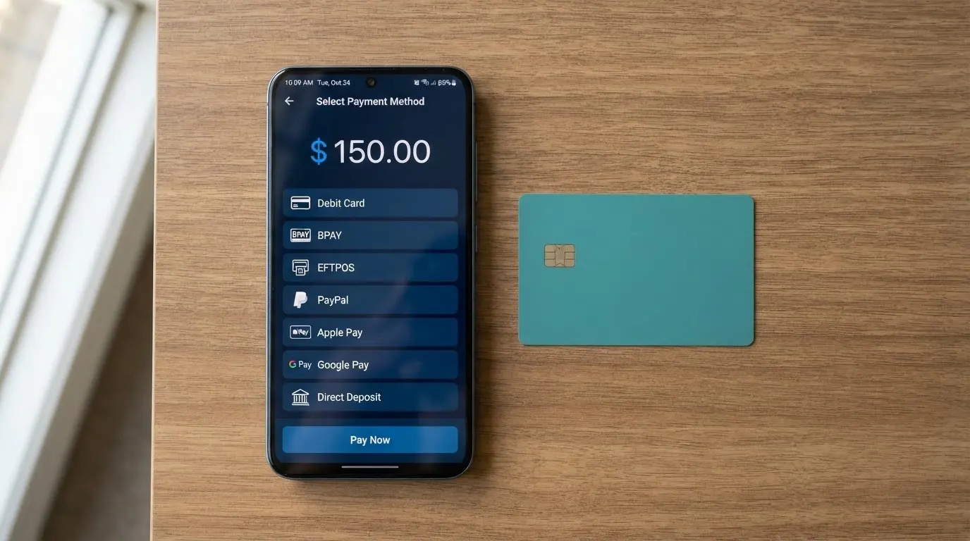 A smartphone showing a casino cashier screen with PayID, Bitcoin and Neosurf deposit options visible, an Australian bank card next to the phone
