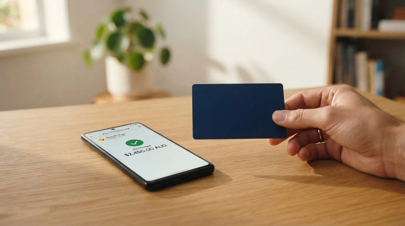 A hand holding a debit card next to a smartphone showing a PayID banking app with an Osko transfer confirmation