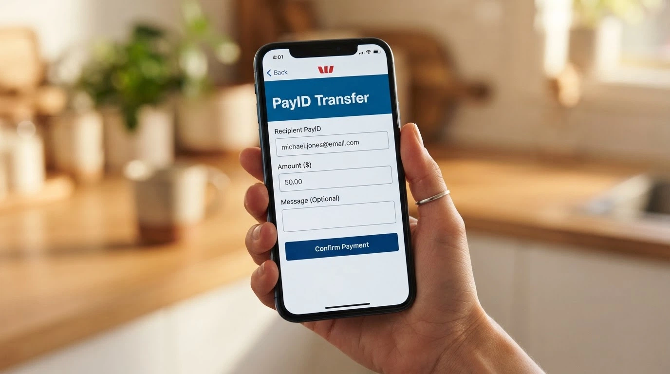 A mobile banking app screen showing a PayID transfer interface with the payment details field visible, Australian bank branding in frame