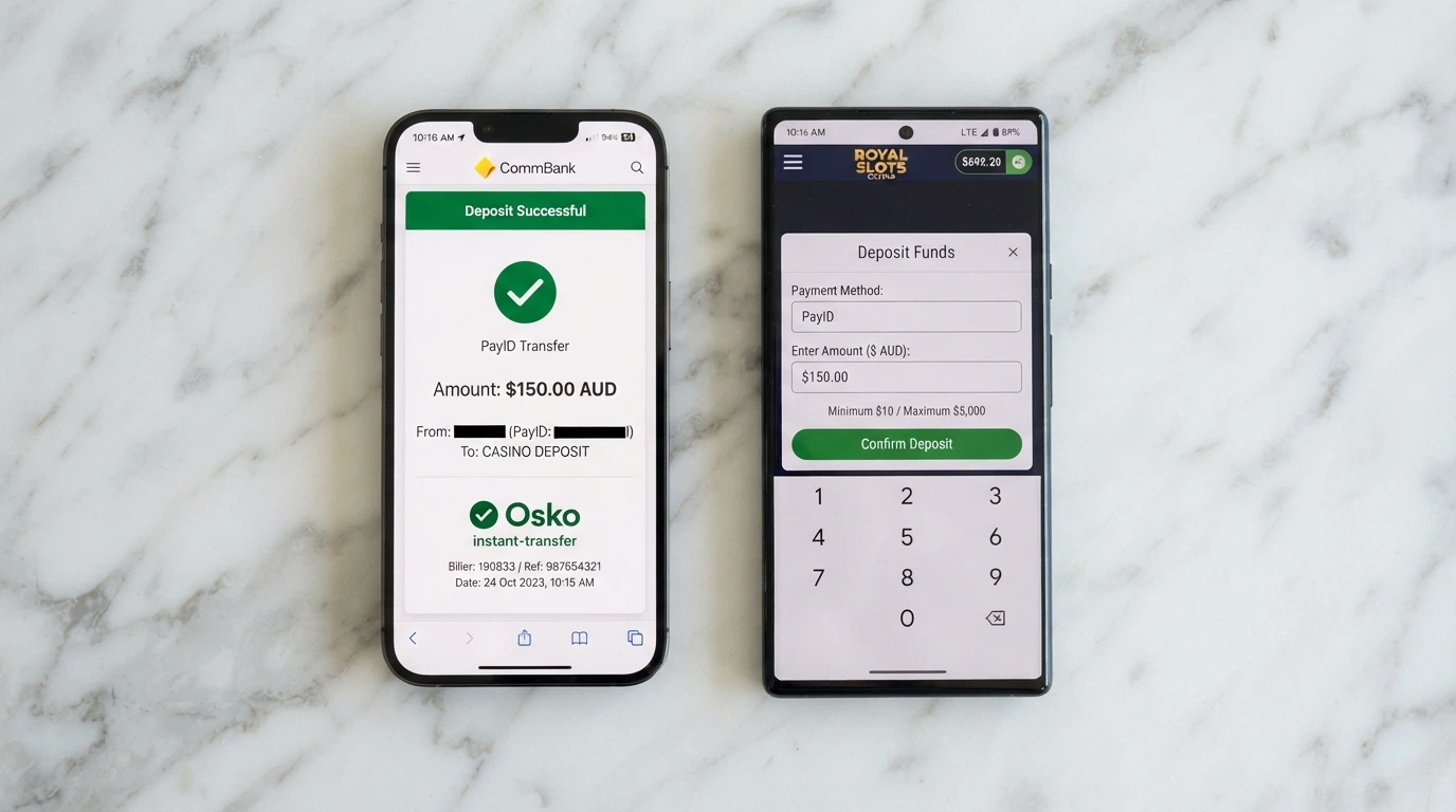 An iPhone screen showing a PayID deposit flow in a banking app, the Osko confirmation visible, with a casino deposit screen beside it