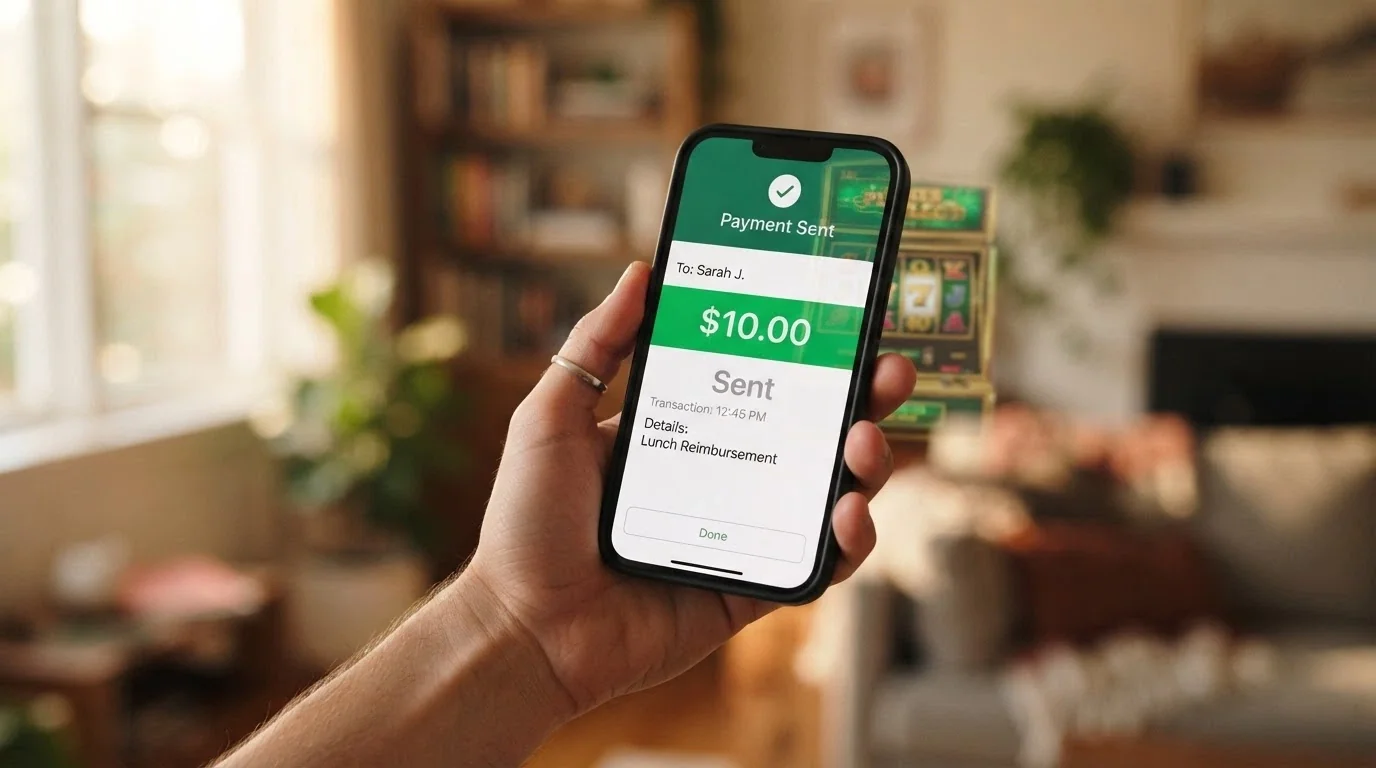 A smartphone screen showing a banking app with “PayID transfer: $10.00 — Sent” confirmation, with a pokies game loading screen reflected in the phone glass
