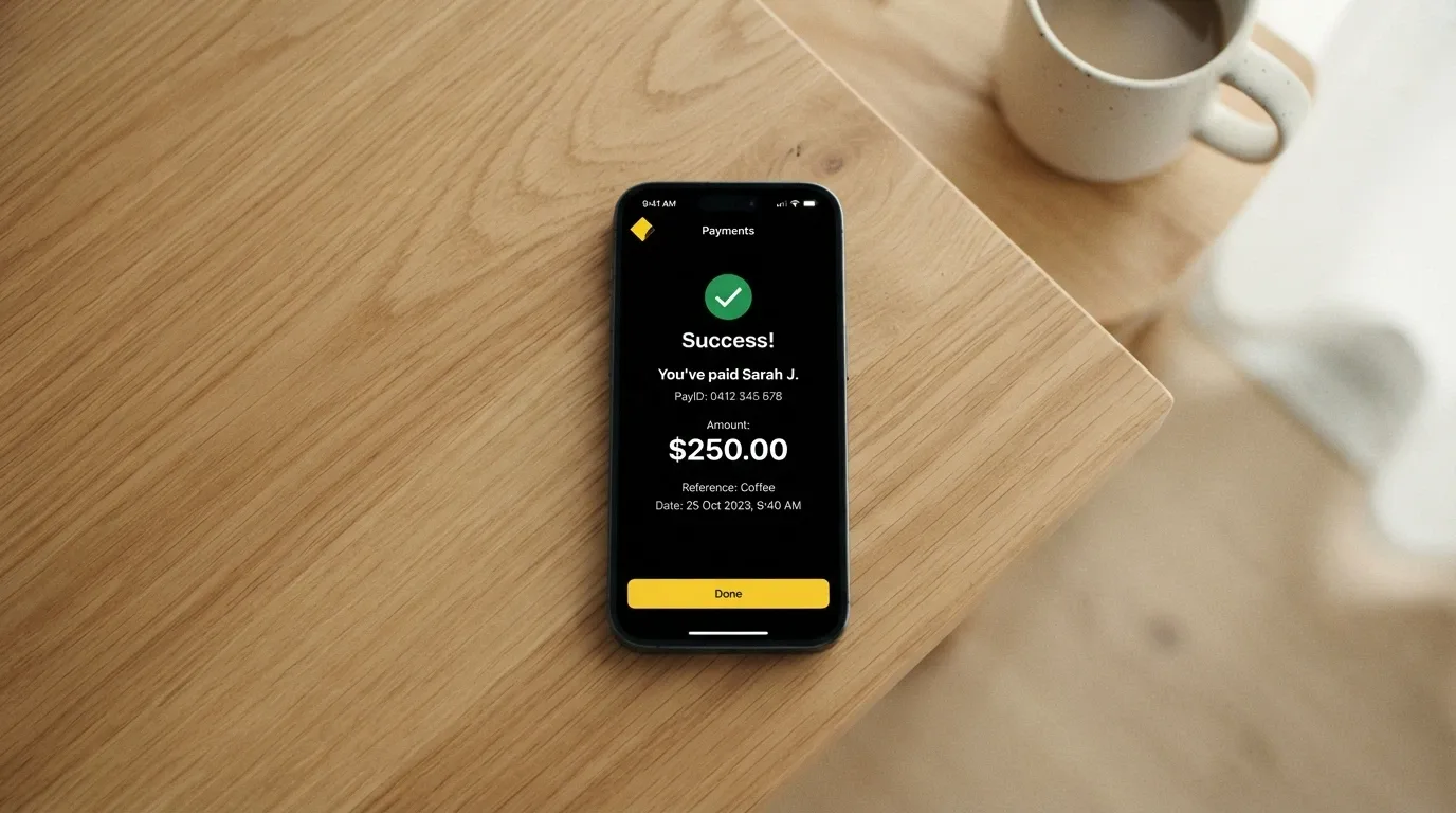 A banking app screen showing a PayID transfer using a phone number instead of a BSB and account number
