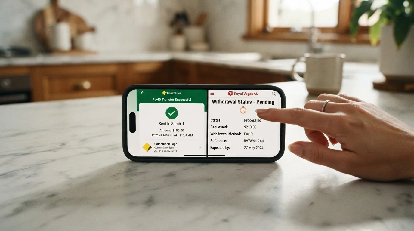 A smartphone screen showing a PayID transfer confirmation in a banking app on one side and a casino withdrawal-pending screen on the other, with a clock icon