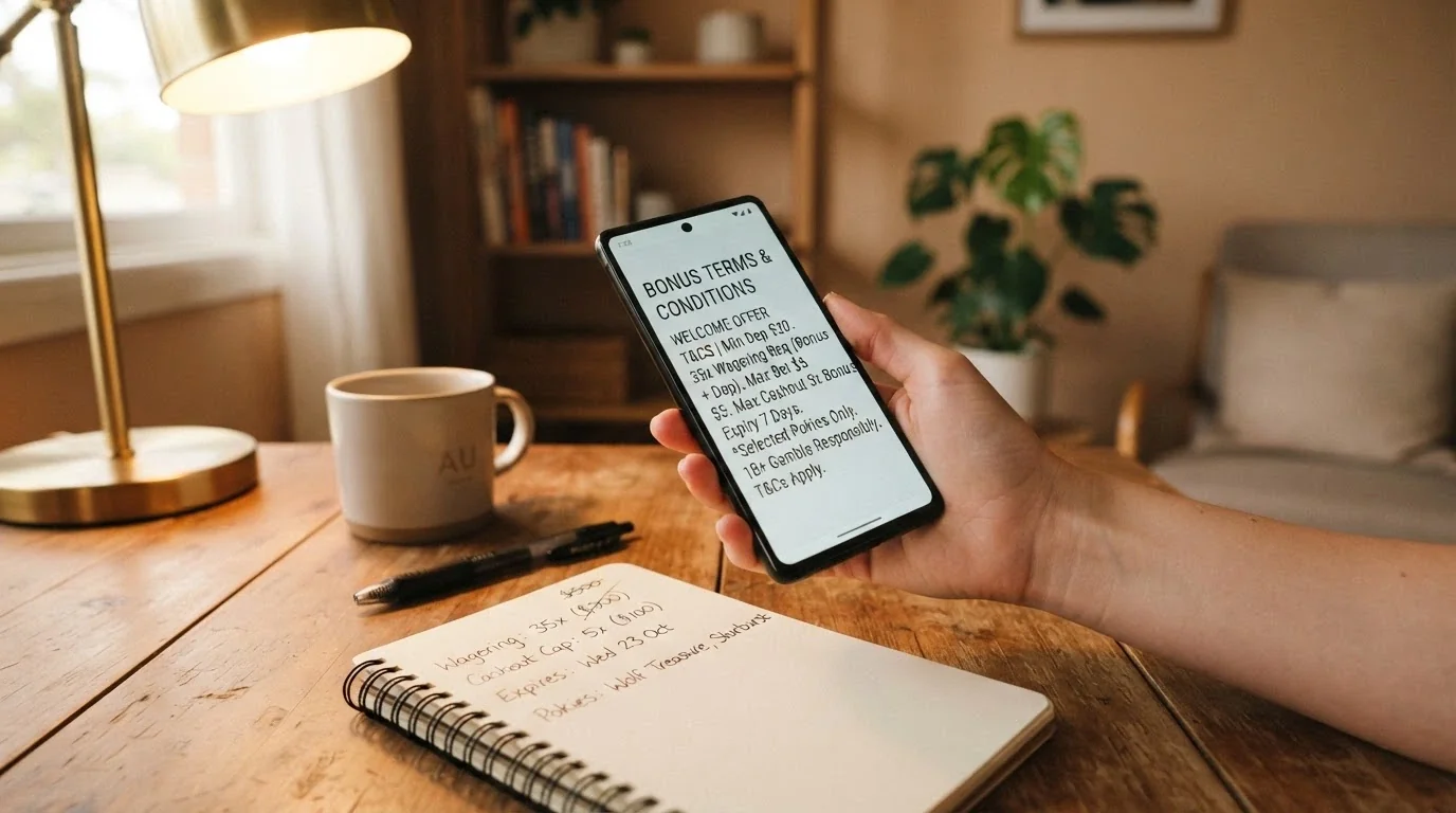 A player's hand holding a smartphone showing bonus terms and conditions on screen, with a notebook beside it listing wagering, cap and expiry figures