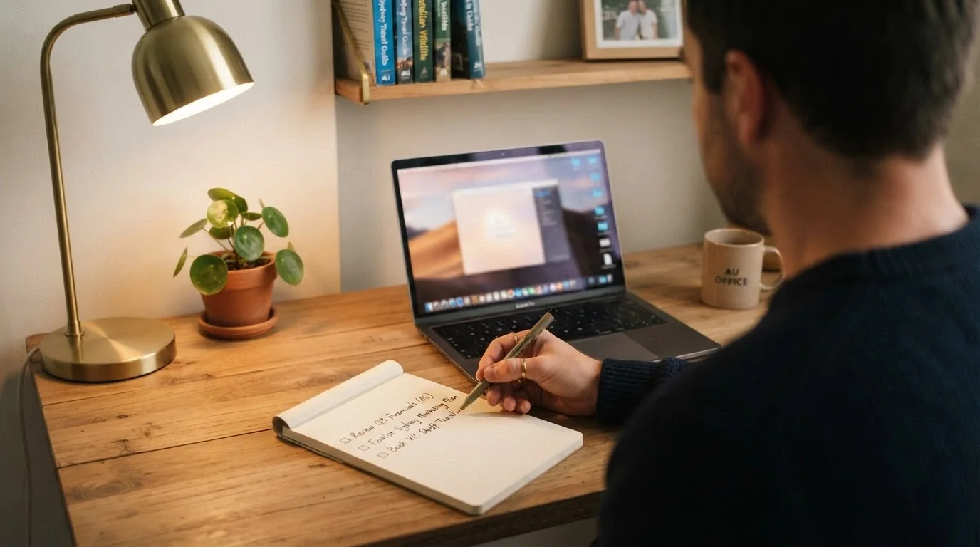 A person at a desk with a laptop, a notepad showing three handwritten checkboxes — legal risk, wagering-adjusted value, personal limits — and a pen hovering over the first
