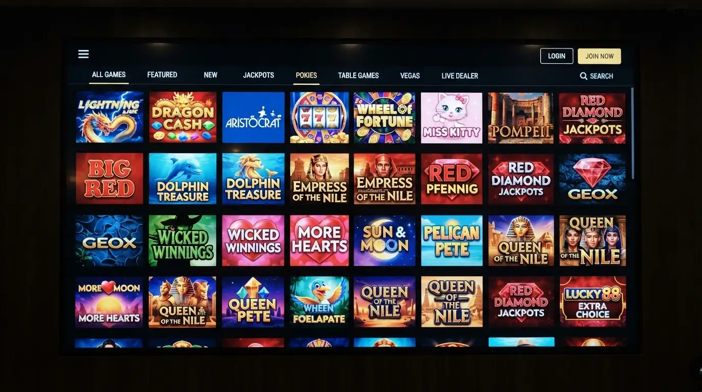 A grid of colourful online pokies title cards on a casino lobby screen, with game categories visible in the navigation