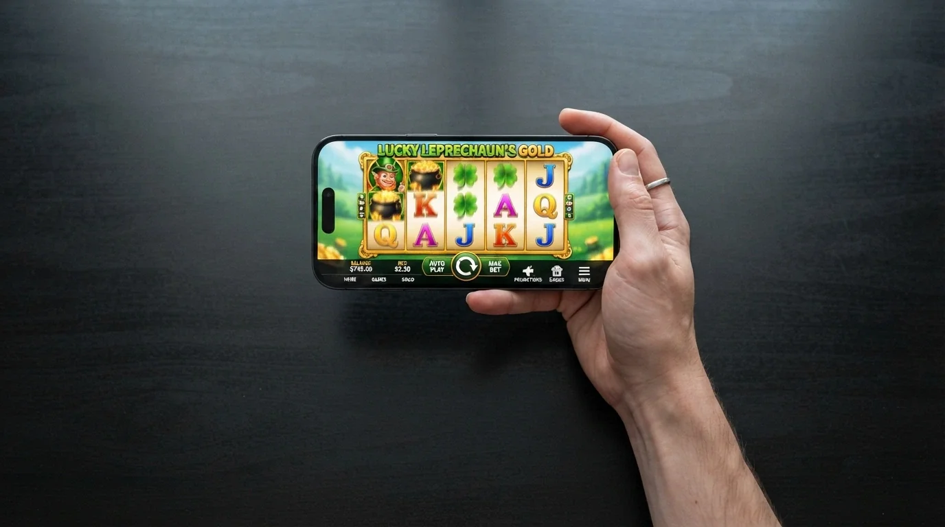 A hand holding a smartphone in landscape orientation showing a pokies game spinning, with casino navigation visible at the bottom of the screen