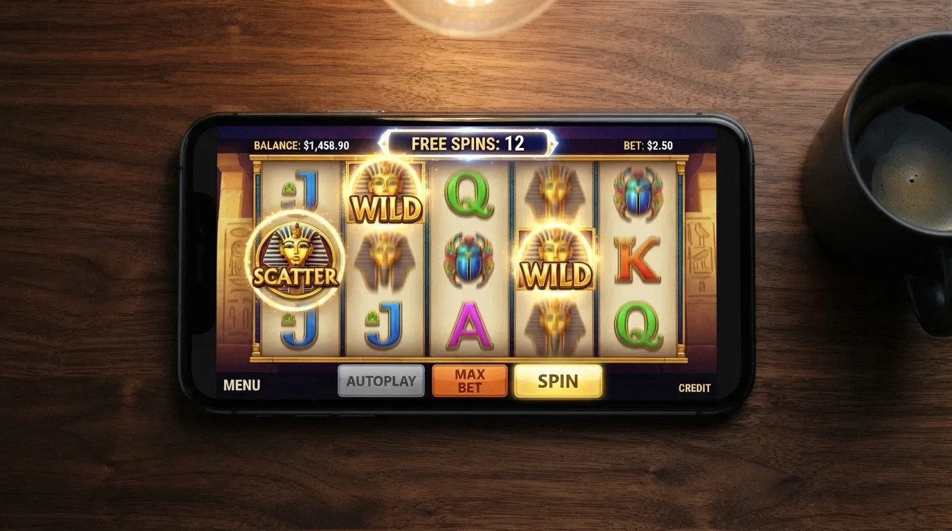 A 5-reel pokie screen mid-spin with wild symbols highlighted on reels two and four, a scatter symbol on reel one and a free-spin counter at the top of the frame