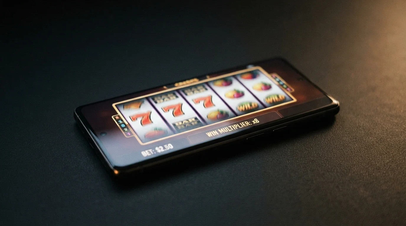 A close-up of digital pokie reels mid-spin, with a transparent overlay showing a wagering-requirement multiplier and a capped cashout figure in Australian dollars