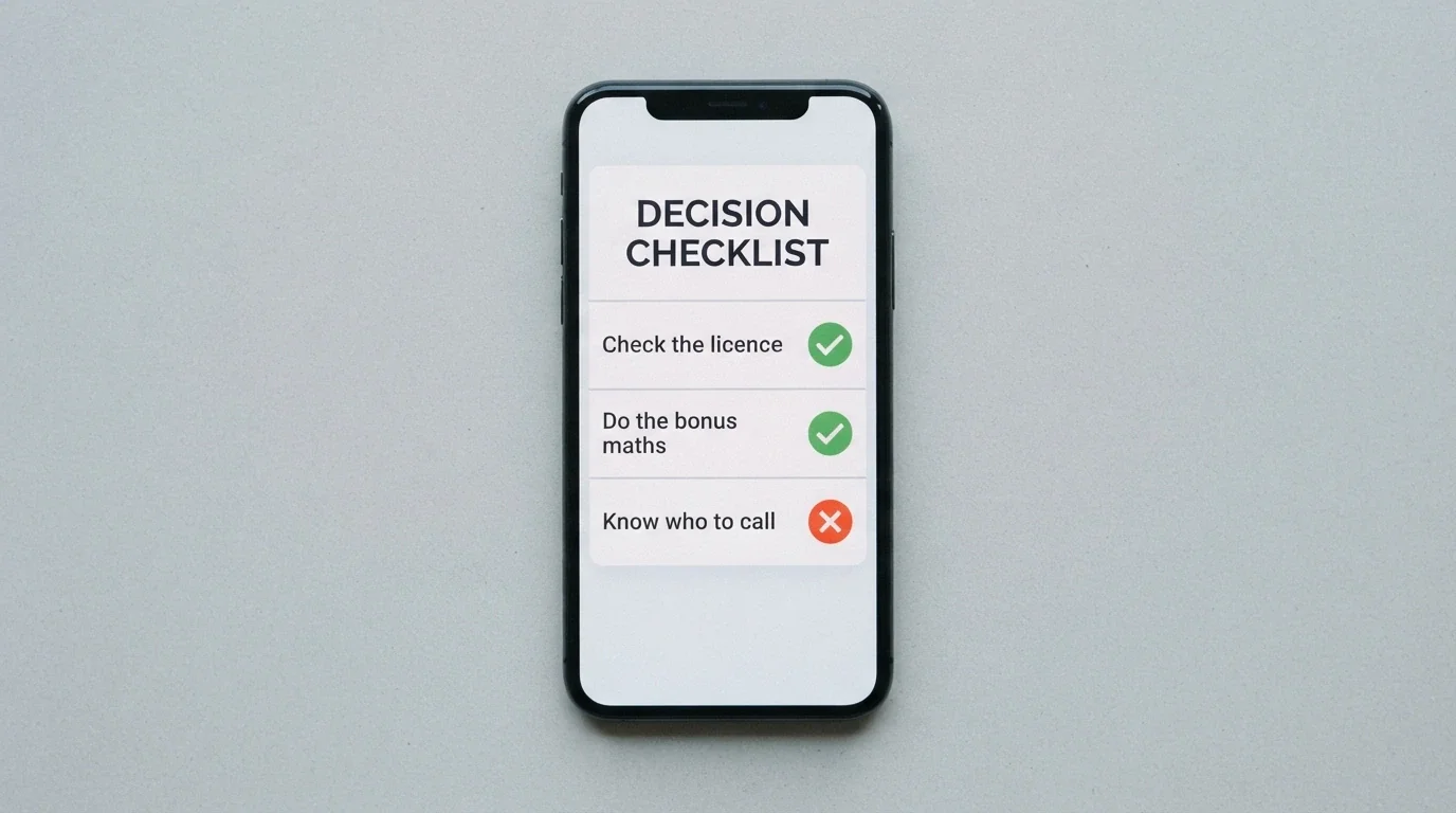 An Australian smartphone showing a decision checklist screen with three items — “Check the licence,” “Do the bonus maths,” “Know who to call” — each with a tick or cross icon beside it
