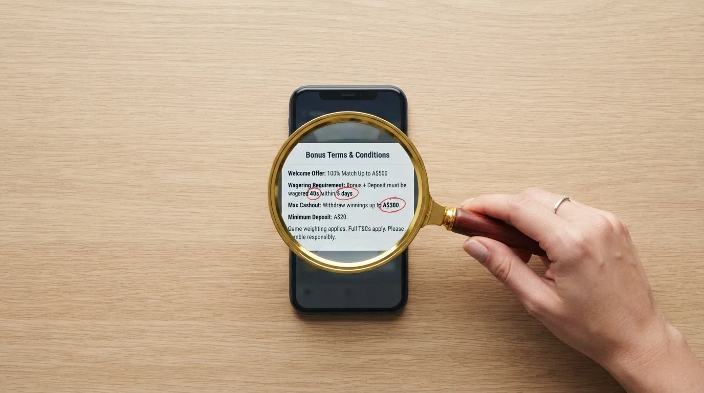 A magnifying glass held over a bonus terms pop-up on a smartphone screen, highlighting the wagering requirement (40x), validity period (5 days) and max cashout (A$300) in red