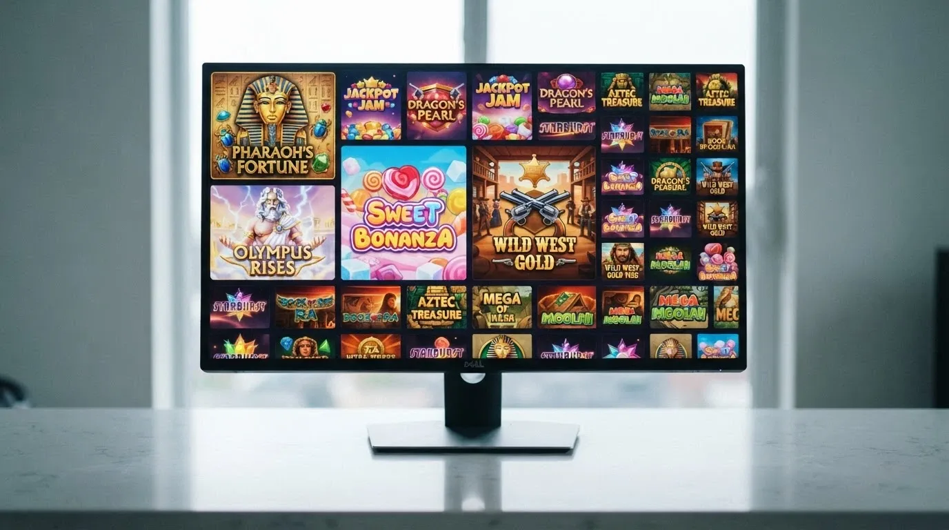 A casino game lobby grid showing pokie title tiles including Book of Dead, Gates of Olympus and Sweet Bonanza Bonanza