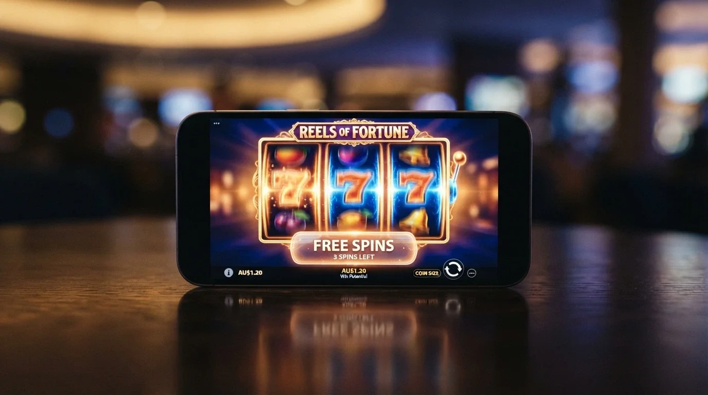 A row of online pokies reels mid-spin with “free spins” badges glowing on the screen, the game title blurred to avoid brand focus