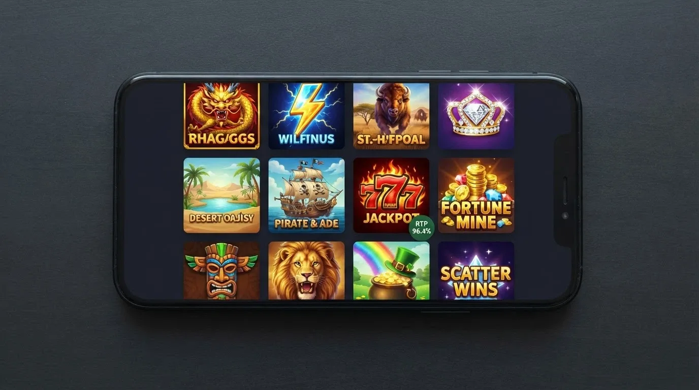 A smartphone screen showing a grid of colourful pokies game tiles with recognisable themes (dragon, lightning, buffalo), with an “RTP 96.4% avg” badge visible on one tile