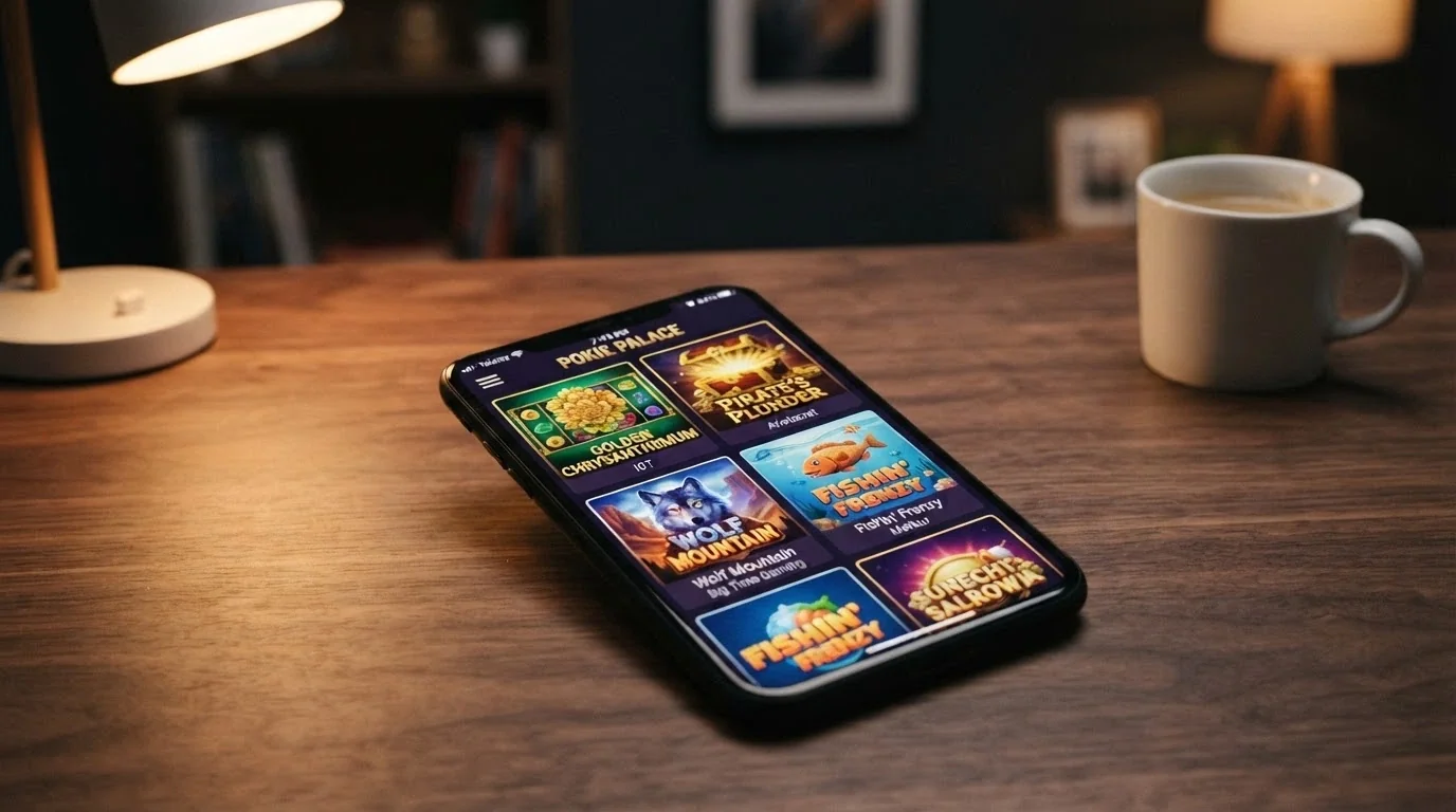 A casino app game lobby on a smartphone screen showing pokie thumbnails with provider names visible