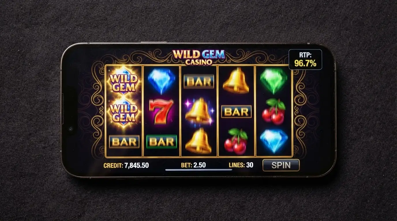 A close-up of an iPhone screen showing a pokies game in play, the RTP percentage visible in the game info panel