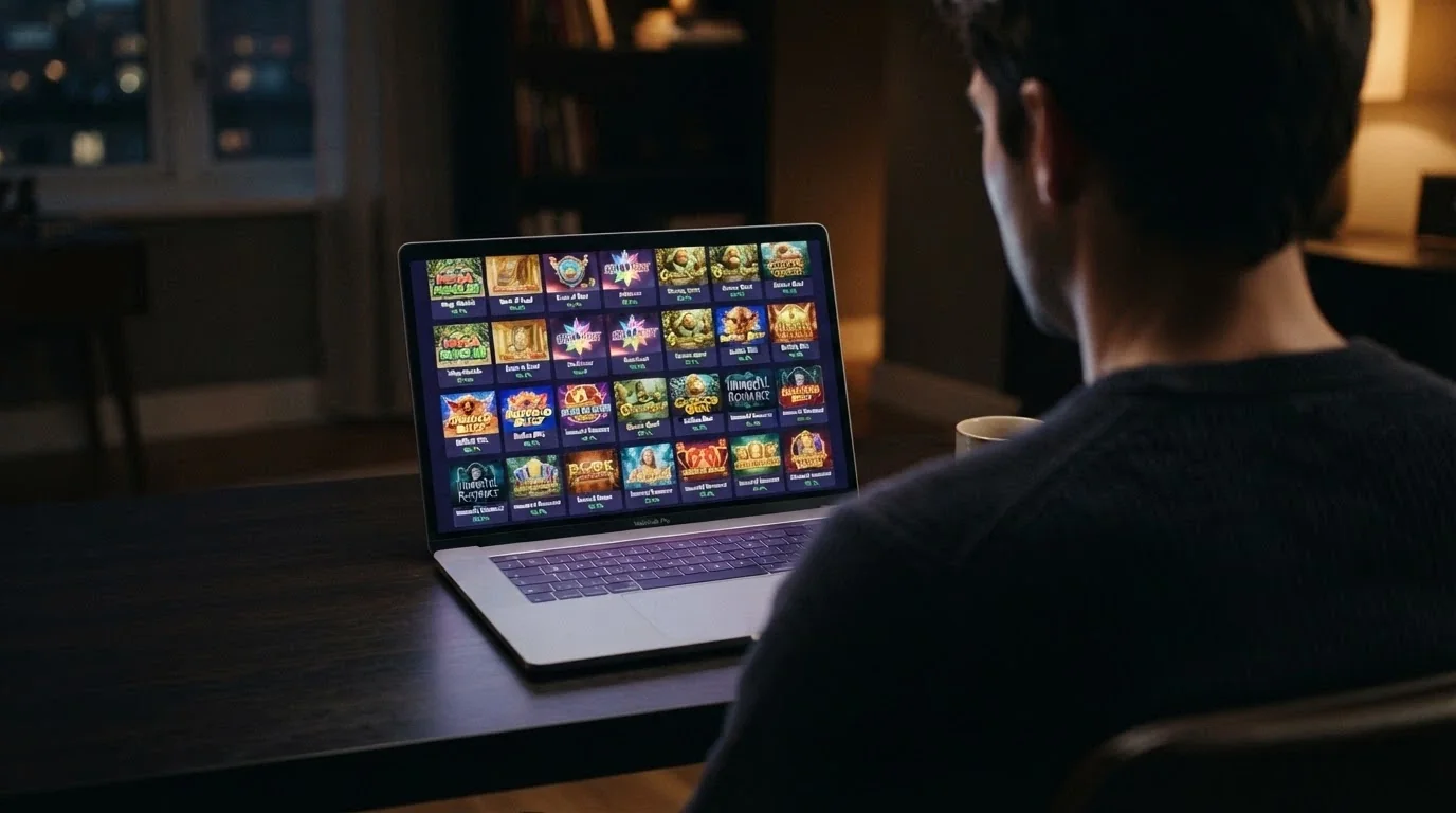 A grid of colourful online pokies tiles on a casino lobby screen with RTP percentages visible on hover