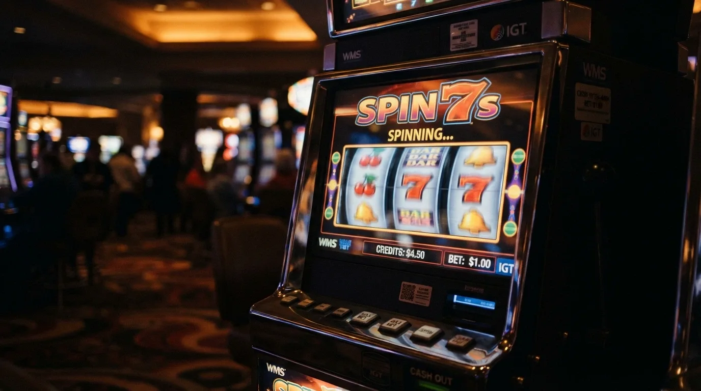 A row of online pokies reels with a small balance display showing a low dollar amount