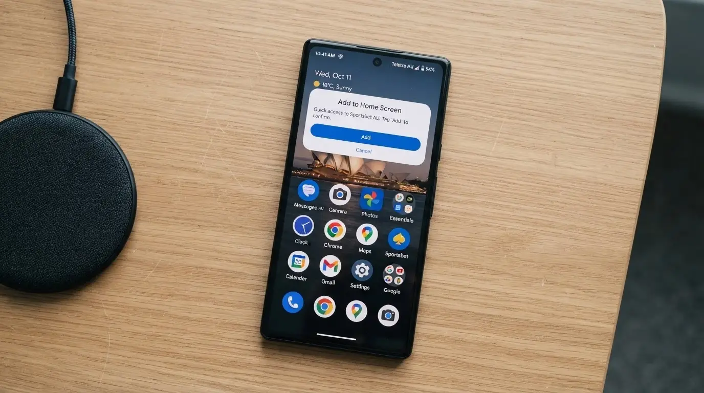 An Android homescreen showing a casino progressive web app shortcut icon beside native apps, with the “Add to Home Screen” prompt visible