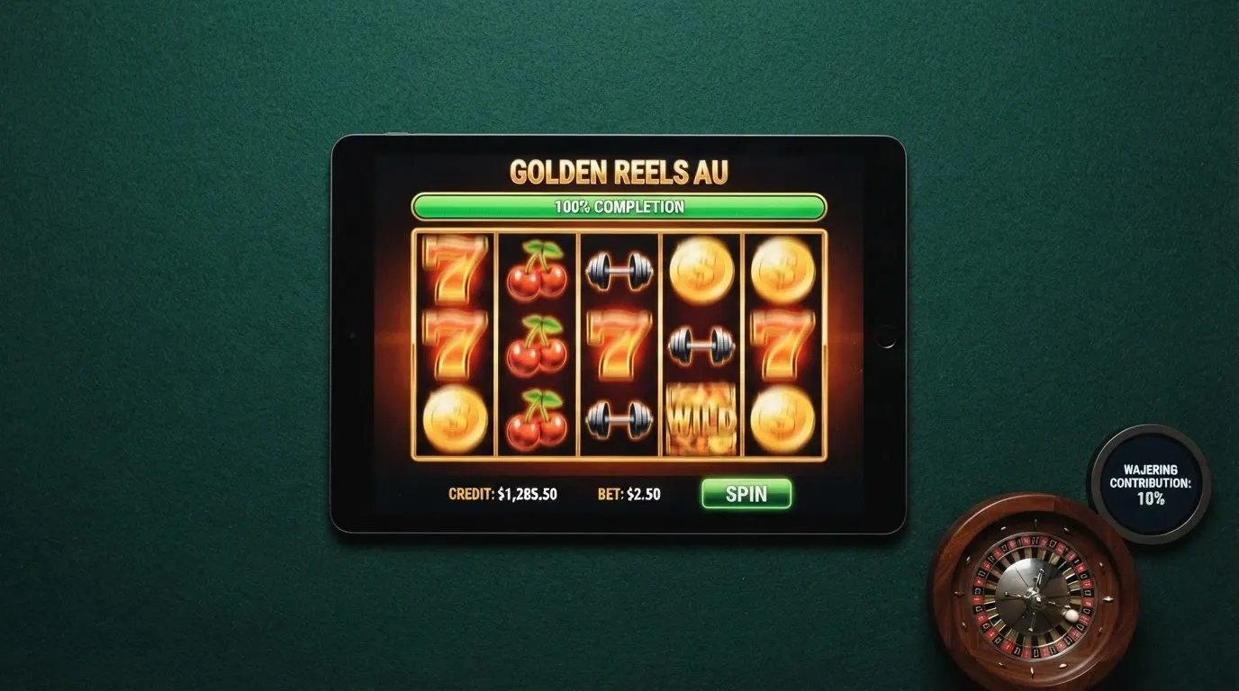 A row of online pokie reels in motion on a tablet screen, with a progress bar overlaid showing bonus wagering completion at 100%, contrasted with a roulette wheel marked at 10% contribution