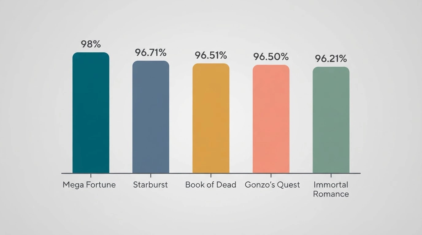 Five popular online pokie title cards arranged left to right by RTP, from Blood Suckers at 98% down to Book of Dead at 96.21%