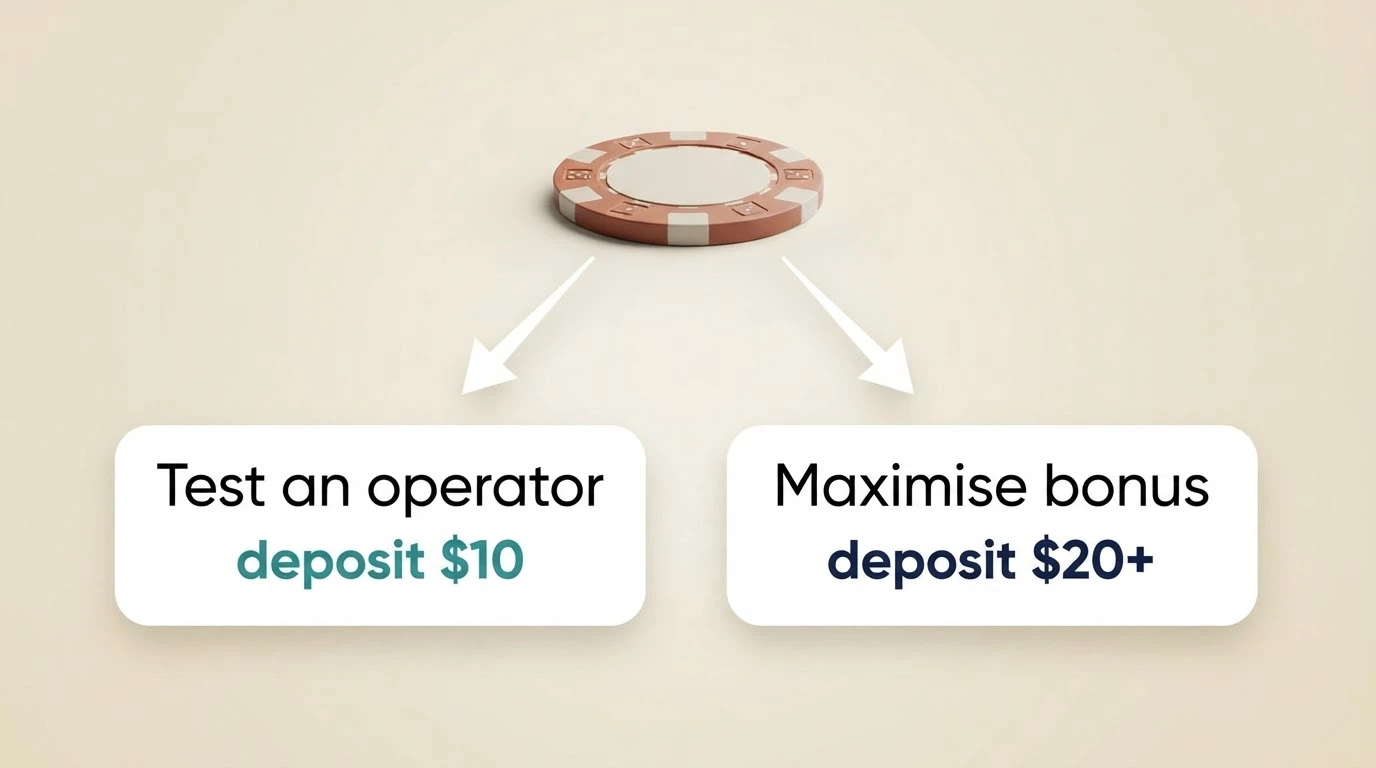 A simple decision-flow visual: a $10 note at the top branching to “Test an operator → deposit $10” on one side and “Maximise bonus → deposit $20+” on the other