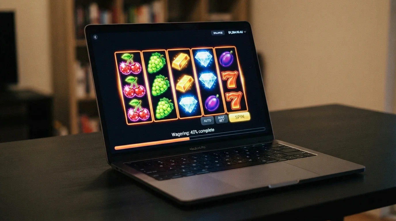 A row of colourful online pokie reels on a laptop screen with a progress bar overlay labelled “Wagering: 45% complete”