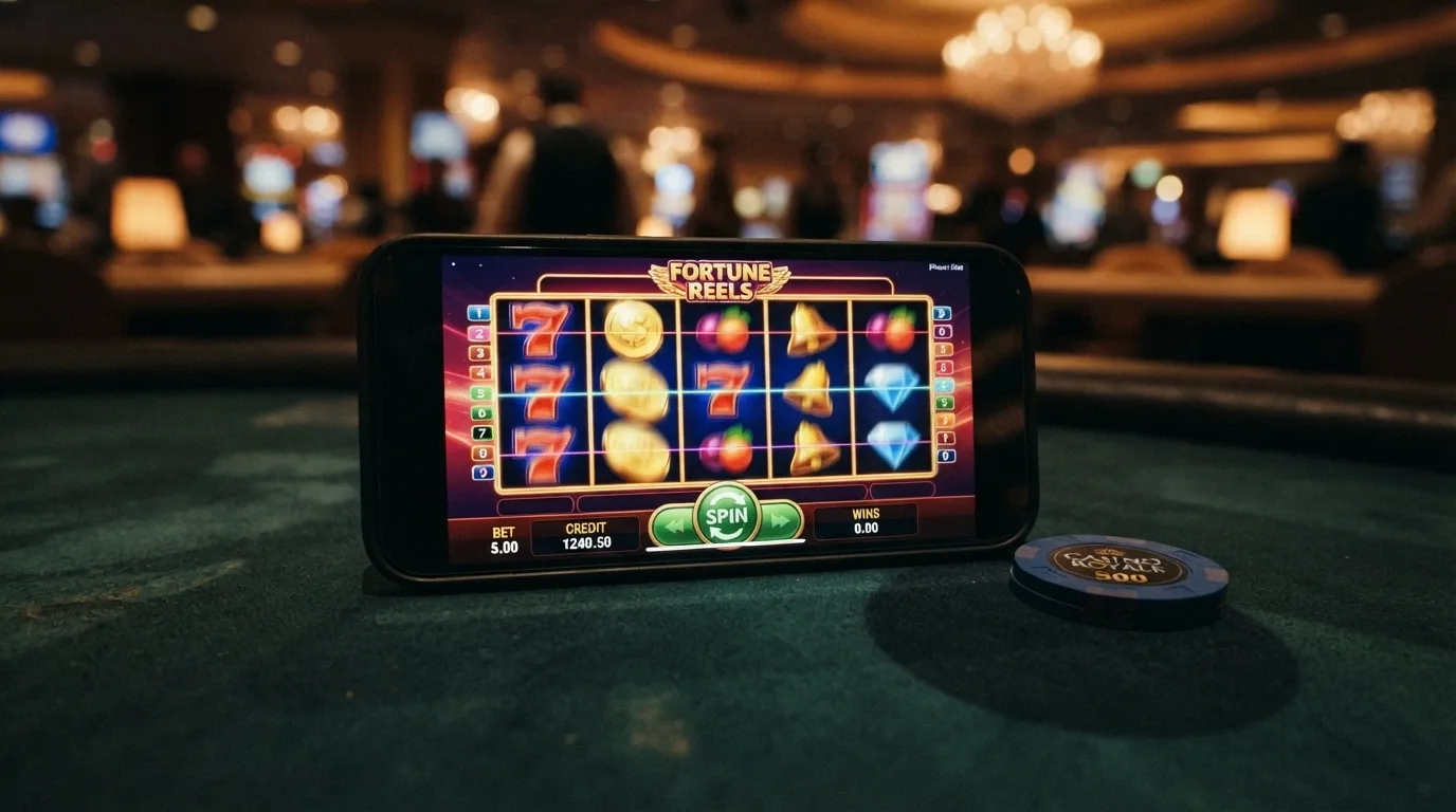 Five-reel online pokies game screen with spin button and balance display