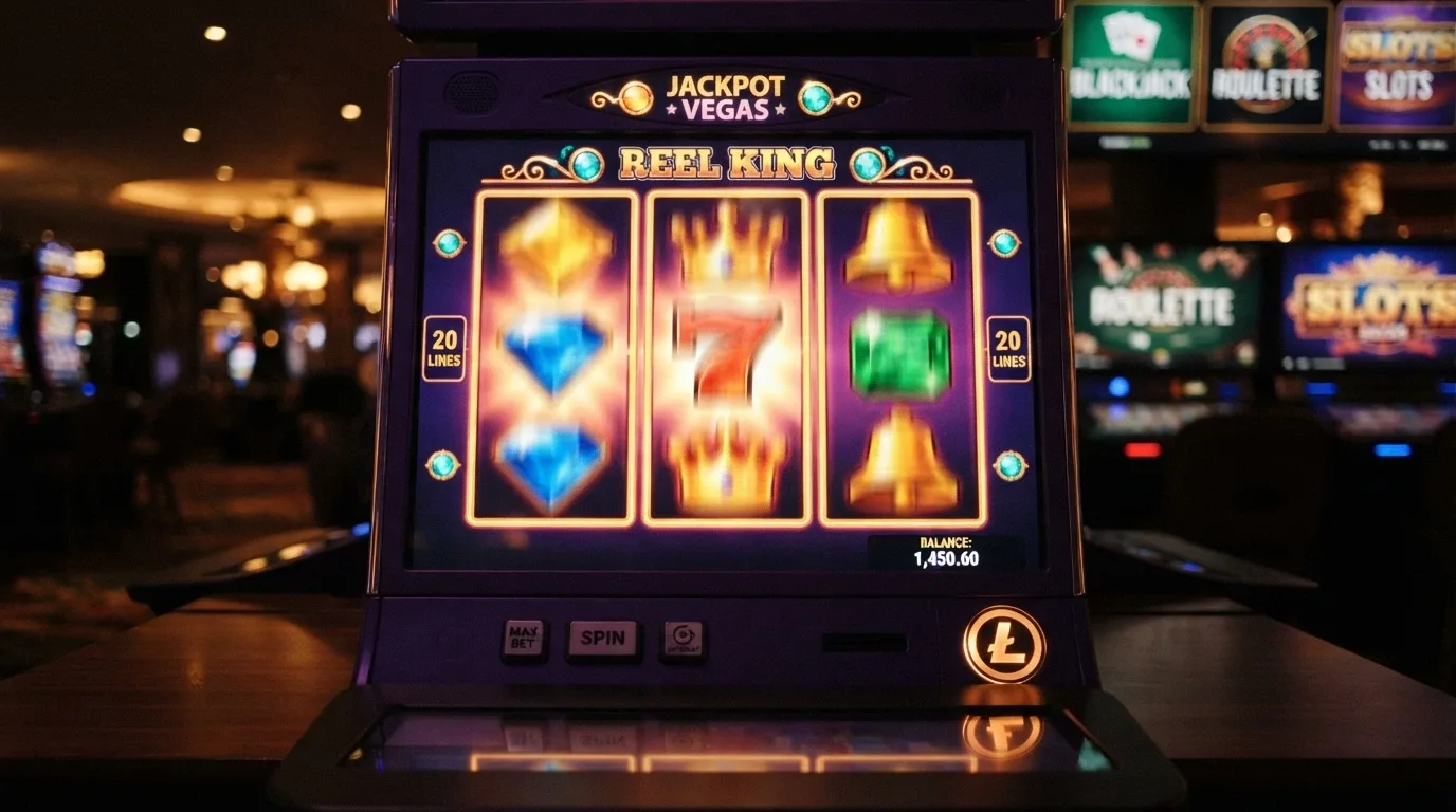 A colourful online pokies reel set frozen mid-spin, with a Litecoin symbol glowing in the corner and game tiles for blackjack and roulette visible in the background
