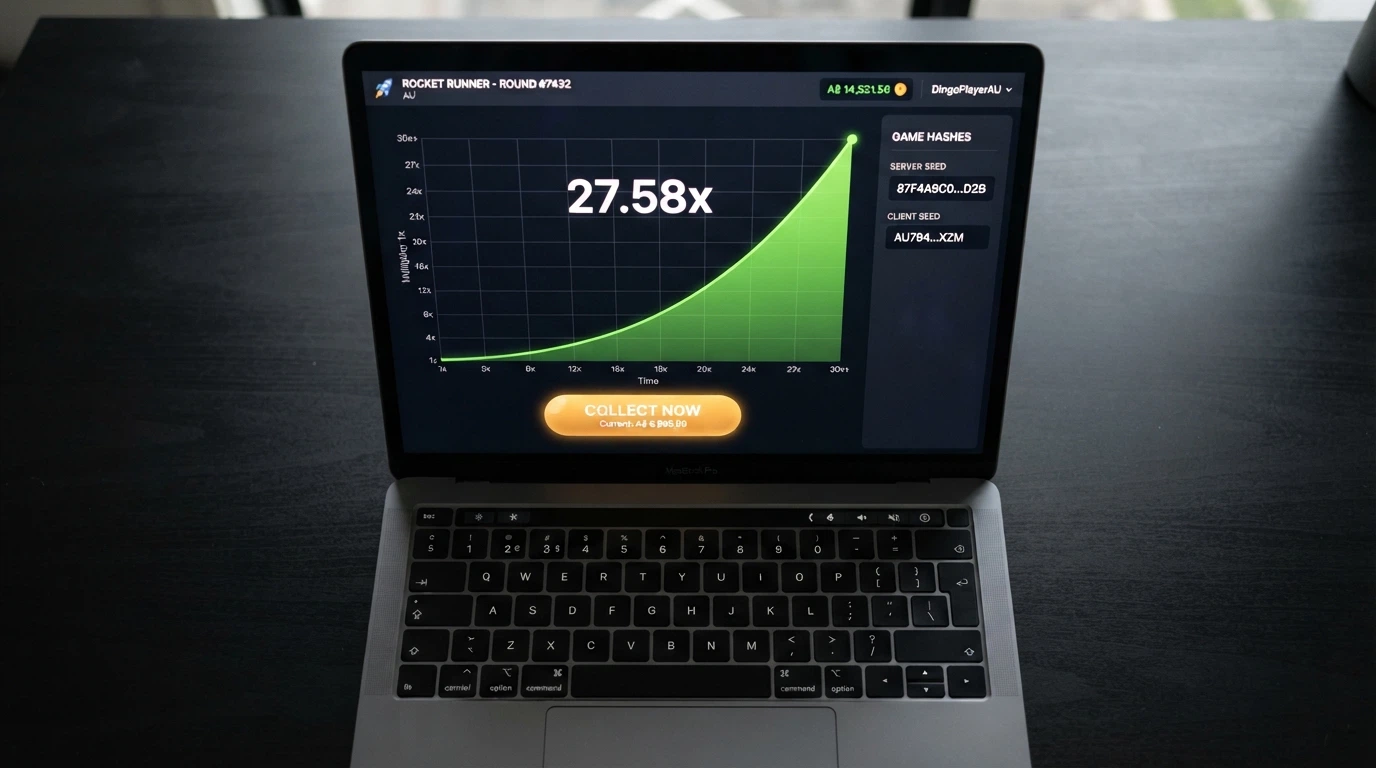 A crash-game interface mid-round with the multiplier climbing, a client-seed and server-seed hash display visible, and a cash-out button highlighted.