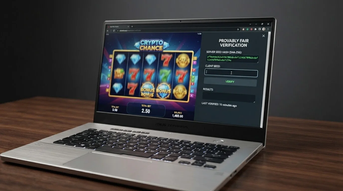A provably fair verification panel on a casino game screen showing a server seed hash and a client seed input field