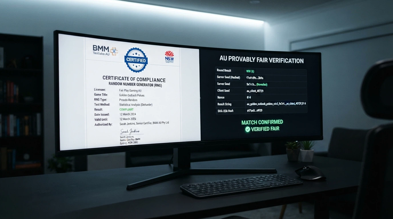 A split screen showing a traditional RNG certificate on the left and a provably fair hash-verification interface on the right