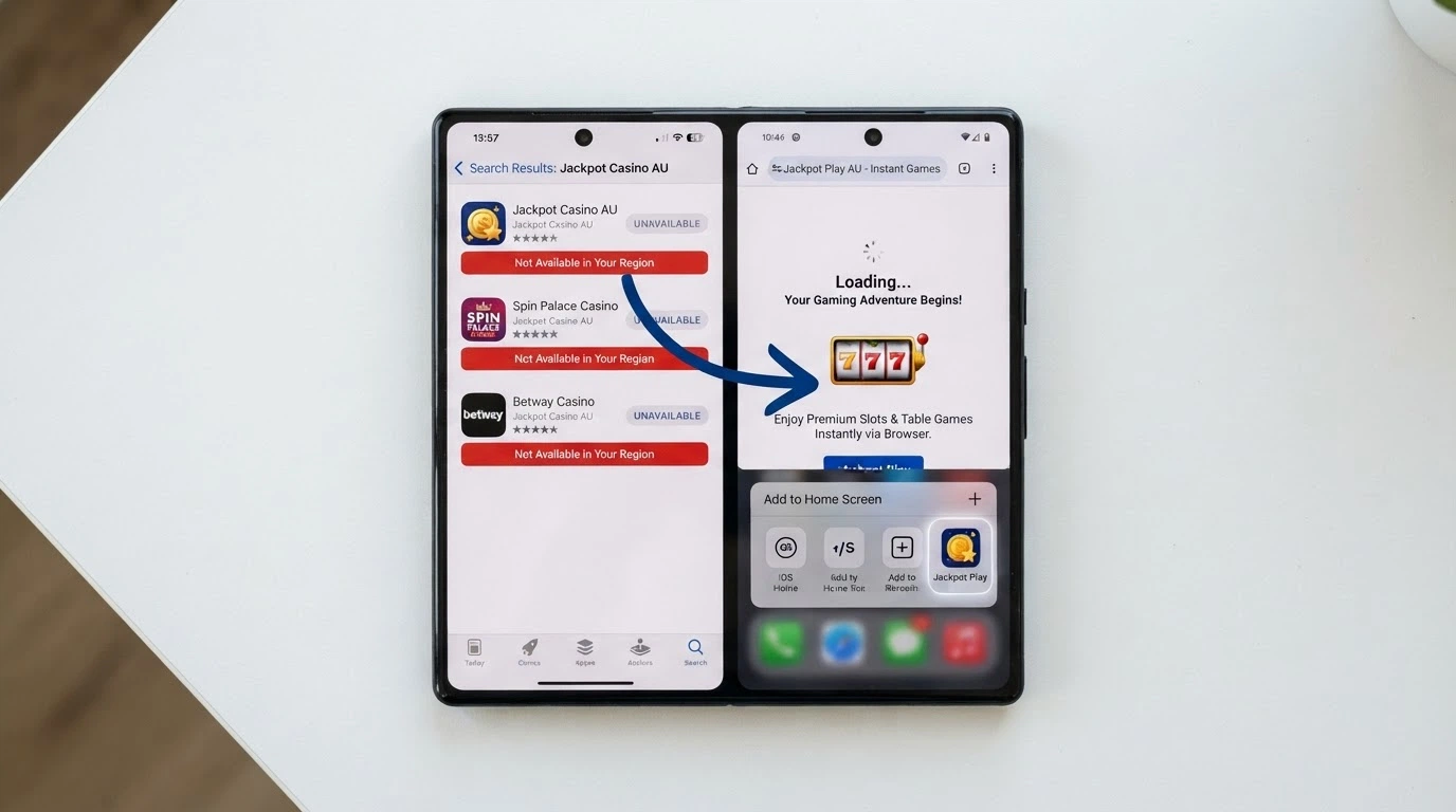 A smartphone screen with an arrow pointing from an App Store search result showing “Not Available in Your Region” to a browser window loading the same casino platform as a PWA home-screen shortcut