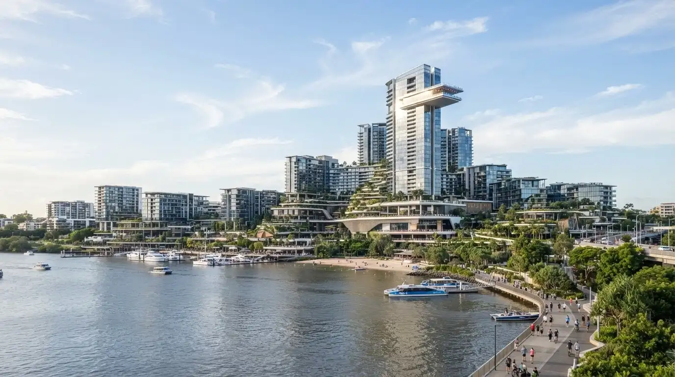 Queen's Wharf Brisbane precinct viewed from across the river showing the full development and public space