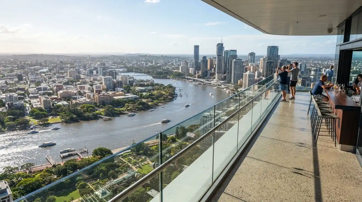 Panoramic view across the Brisbane River and city skyline from the Sky Deck 100 metres above the street
