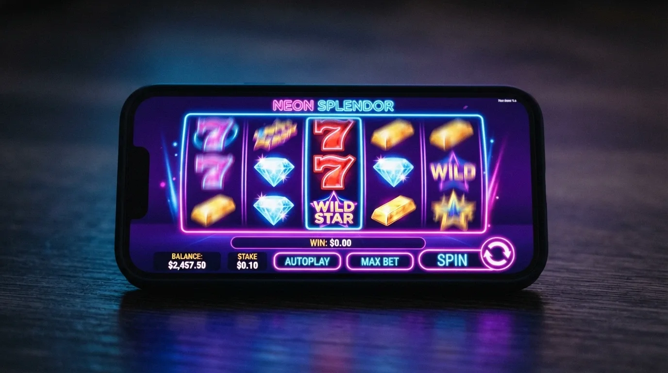 A colourful online pokie game screen with spinning reels, an AUD balance display and a visible stake-per-spin selector