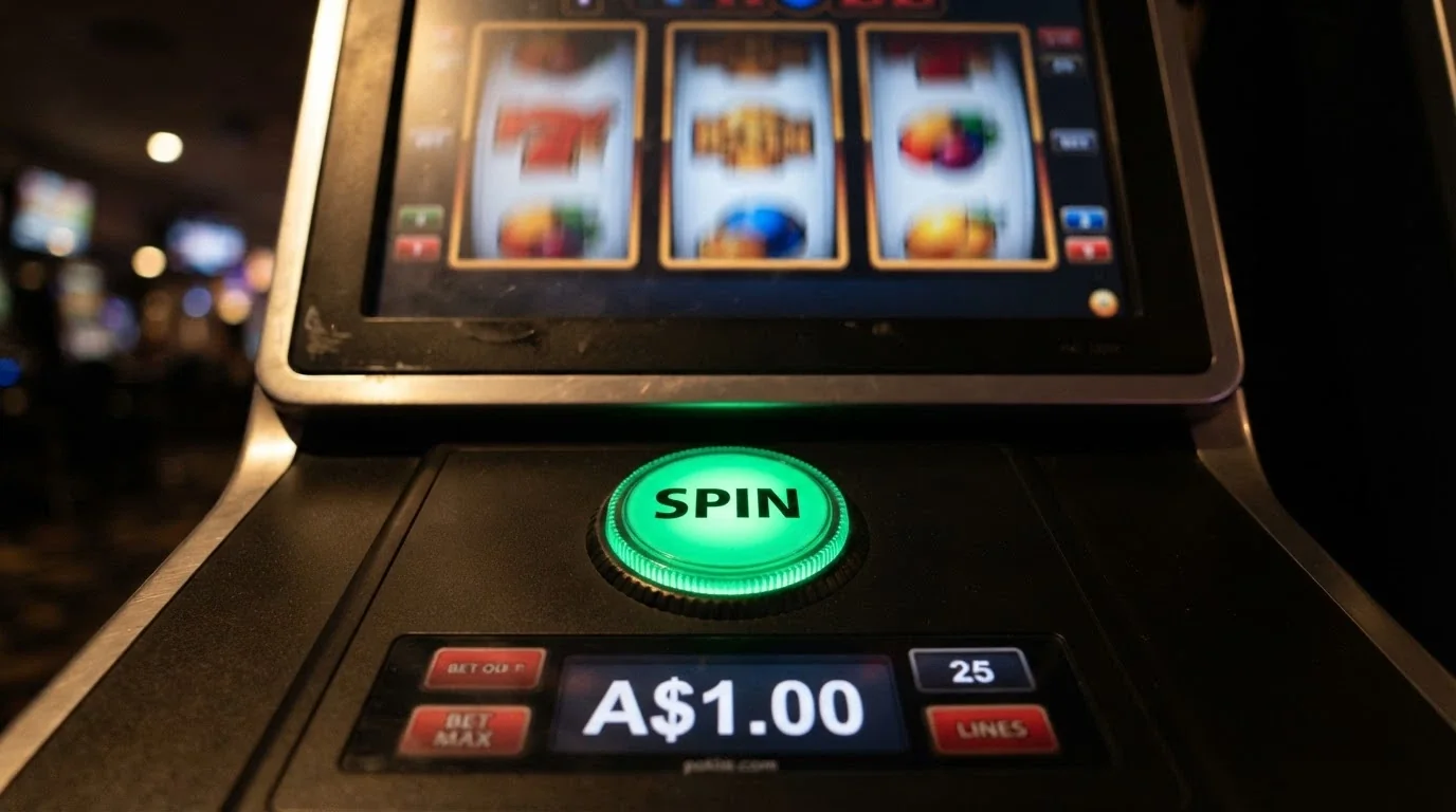 A close-up of a spin button on a 3-reel pokie with Australian dollar stakes shown on the betting panel