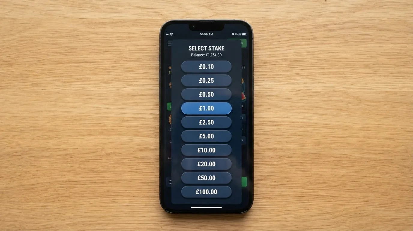 An iPhone screen with a real-money pokies stake selector open, showing bet amounts from $0.10 to $100 in AUD