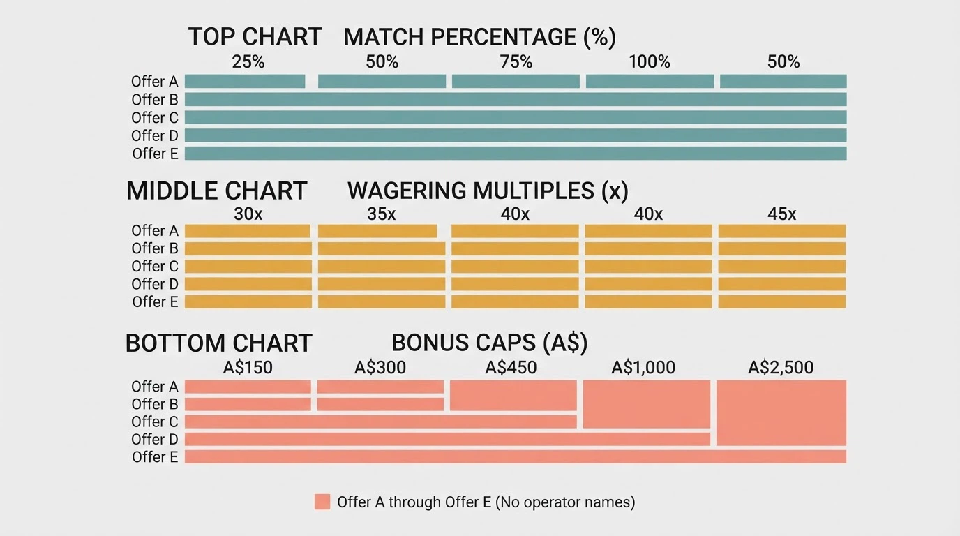 A visual comparison of reload bonus offers — colour-coded bars representing match percentage, wagering multiples and bonus caps across several operators, no operator logos visible