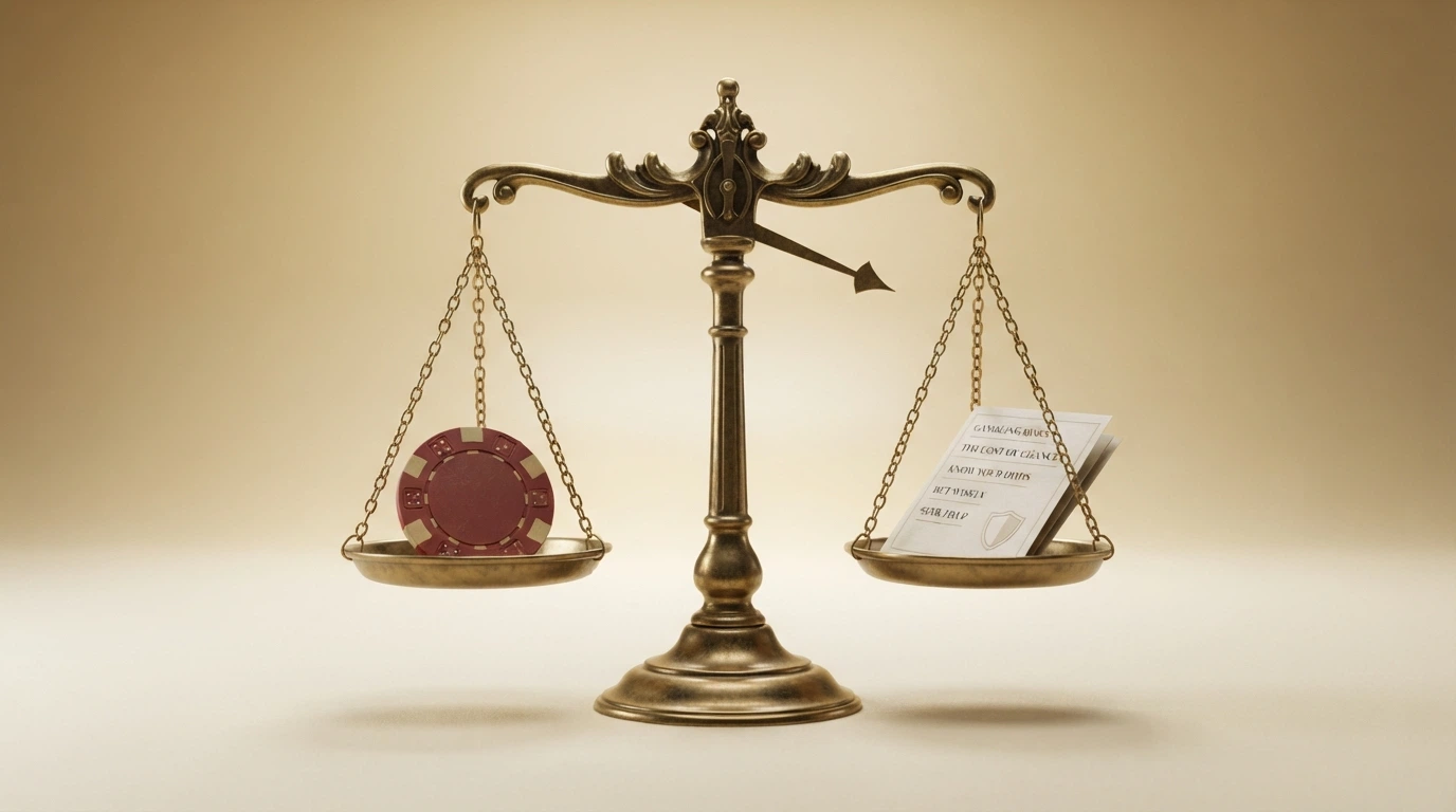 A balanced set of old-fashioned scales — one side holding a poker chip representing reload bonus value, the other side holding an Australian consumer-rights pamphlet, the scales tipping slightly toward the pamphlet